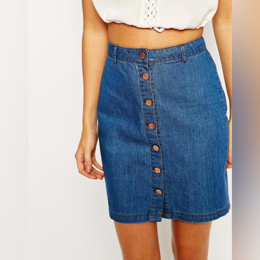 ASOS Vero Moda Front Button Down Denim Blue Jean Skirt ‘70s Boho in Small